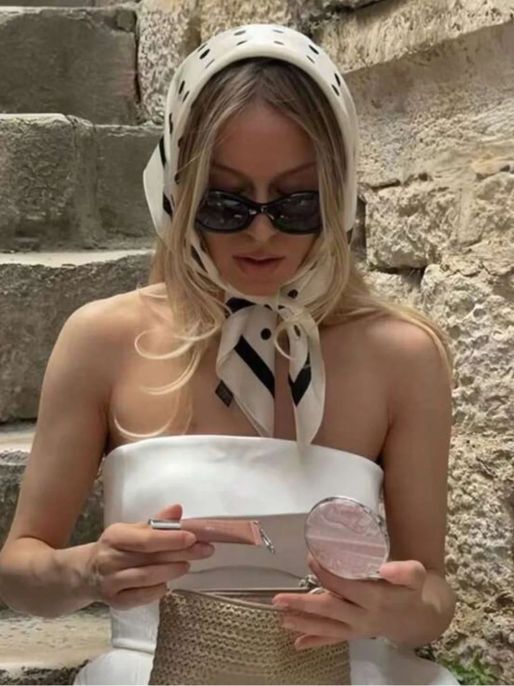 Polka Dot White and Black Satin Head Scarf - Women's Accessory